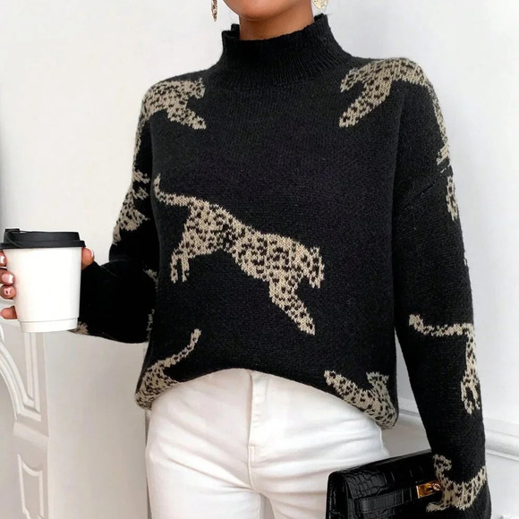 Black Casual Women's Leopard Pattern High Neck Drop Shoulder Sweater - Picture 6 of 6